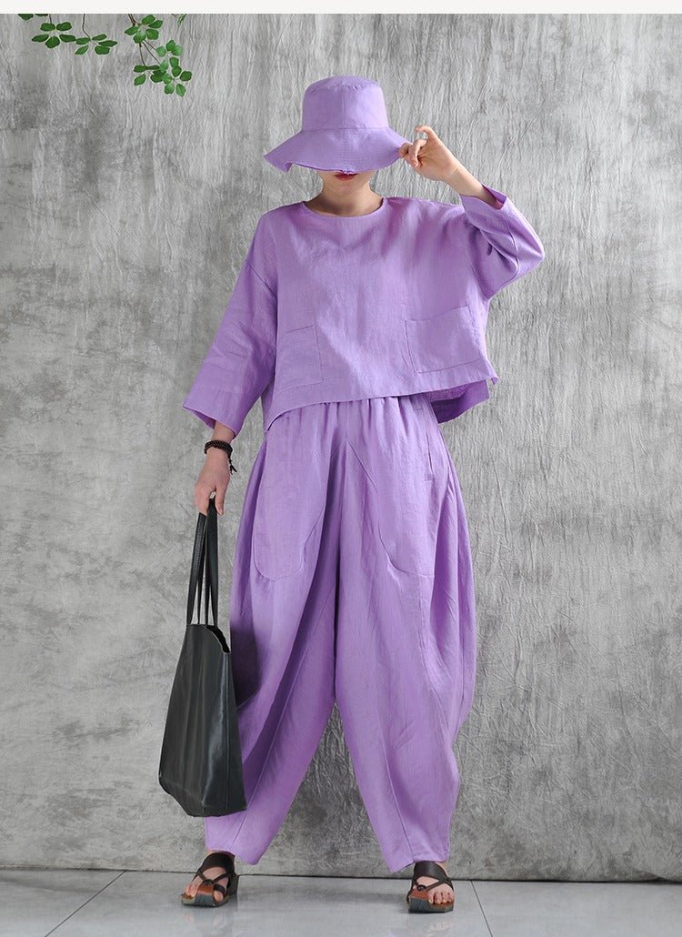 Summer Linen Short Top Plus Maxi Harem Pants Set by Thebesttailor
