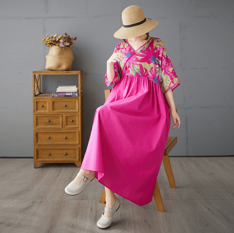 Summer V-neck Splicing Loose Dress Cotton Soft Dress Red by Thebesttailor