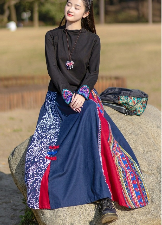 Cotton And Linen boho Elastic Waist Wide Sleeve Maxi Skirt