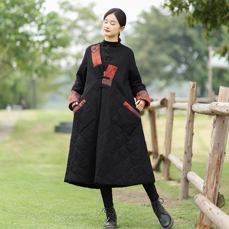 Vintage winter coat women Linen maxi coat vintage long coat padded coat-Women's coat-Thebesttailor-One size-Black-Linen-Thebesttailor