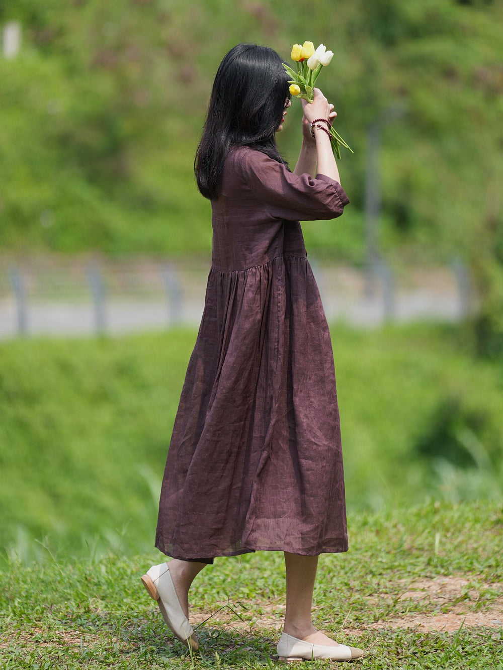 Brown Pleated Maxi Dresses